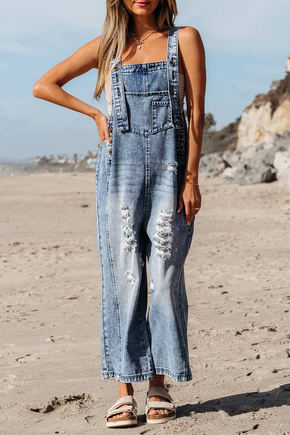 Distressed Wide Leg Denim Overall