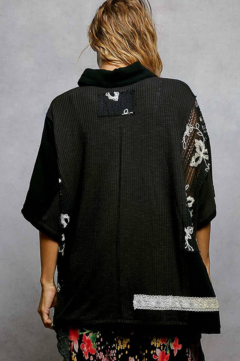 Collared Studded Button-down Short Sleeve Knit Shirt Top