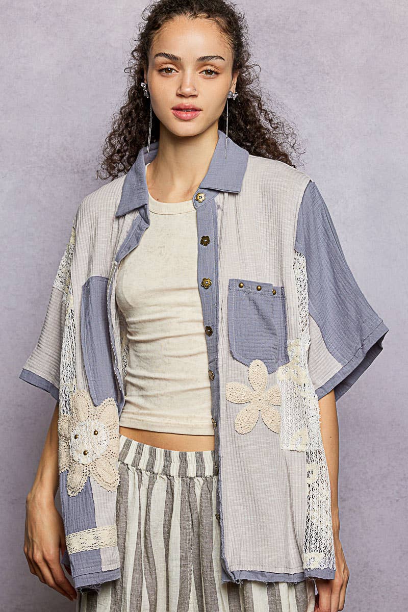 Collared Studded Button-down Short Sleeve Knit Shirt Top