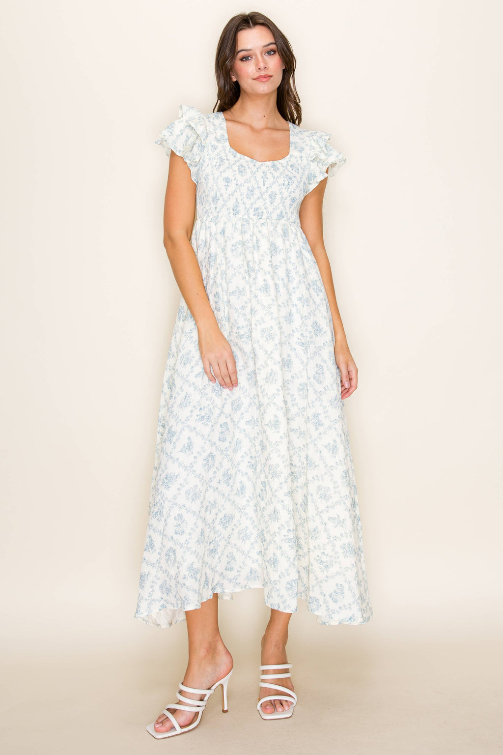 Porcelain Print Ruffle Maxi Midi Dress - BLUE