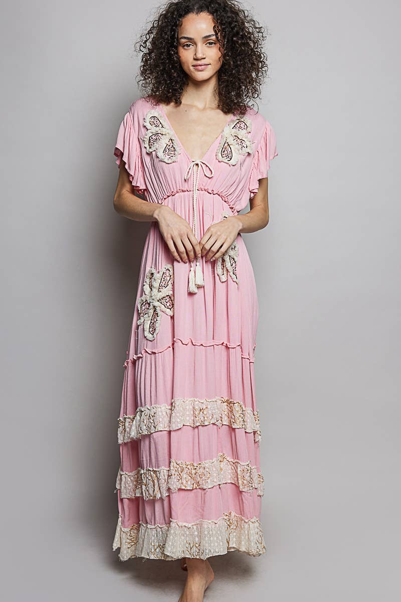 Ruffle Trim V-neck Embroidery Sequins Tassel Long Dress