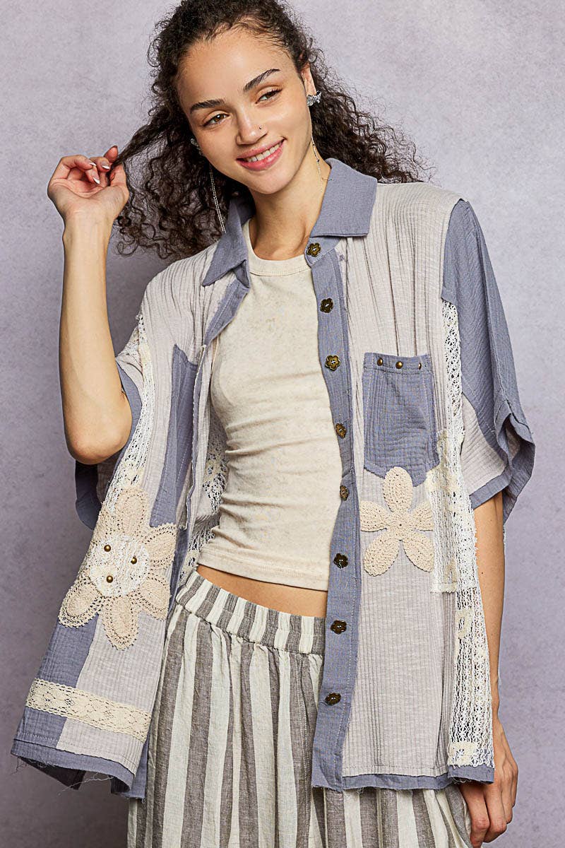 Collared Studded Button-down Short Sleeve Knit Shirt Top