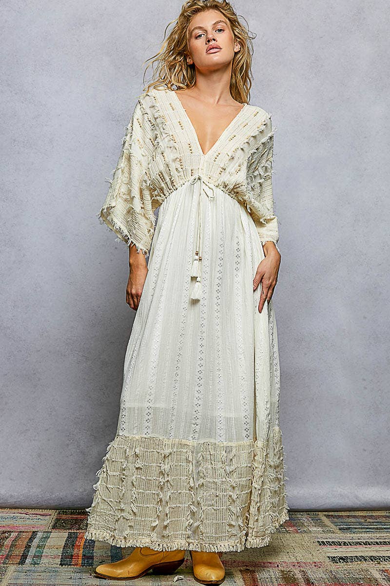 V-neck Metal Button Down Textured Linen Solid Maxi Dress