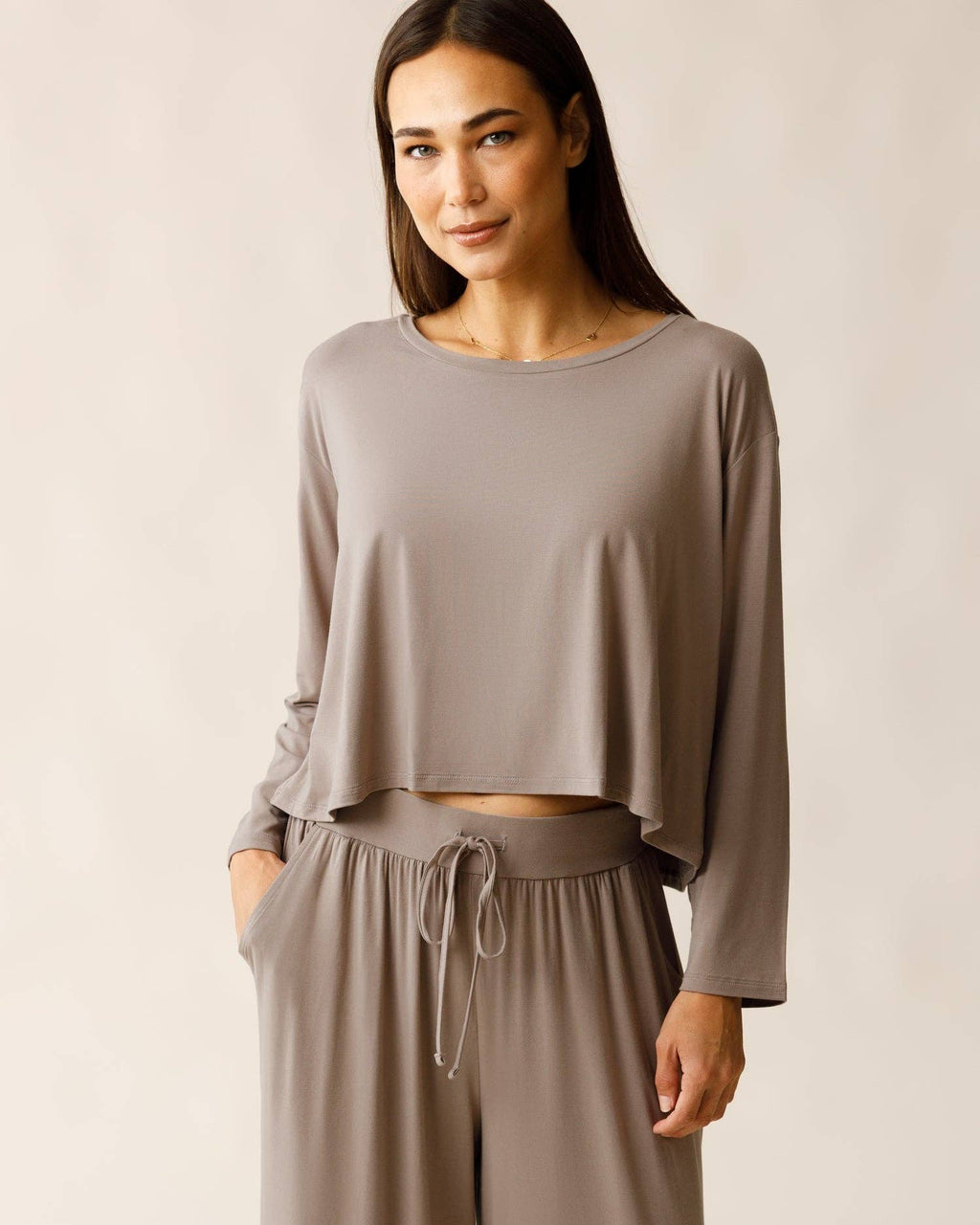 Aria Bamboo Casual Cropped Long Sleeve Top | Taupe