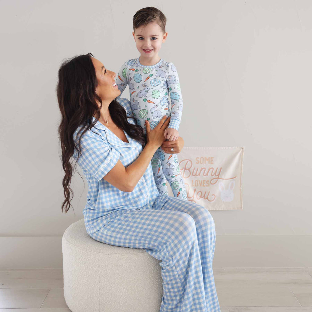 Women's Two Piece Flare Lounge Set | Blue Gingham