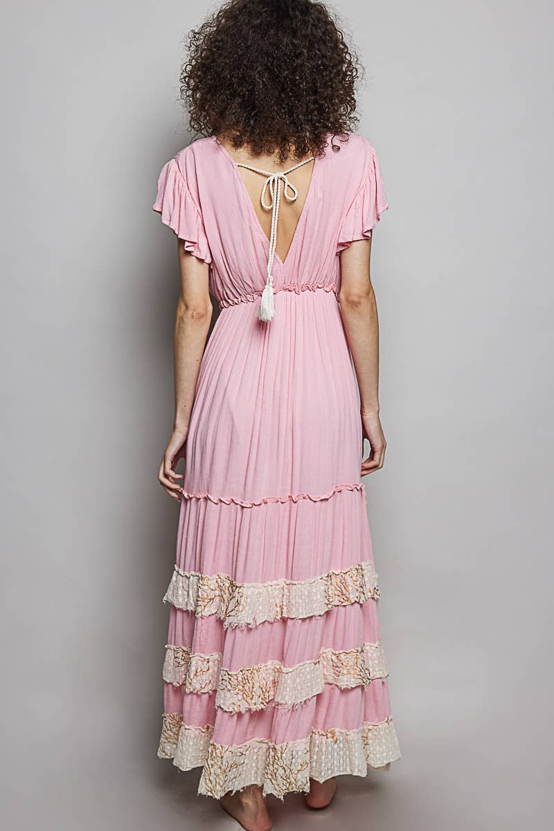 Ruffle Trim V-neck Embroidery Sequins Tassel Long Dress