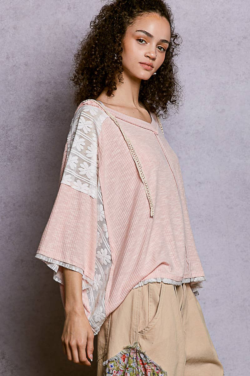 Lace Patch V-Neck Relaxed Fit Basic Airy Hoodie Top