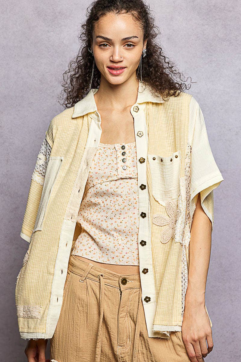 Collared Studded Button-down Short Sleeve Knit Shirt Top