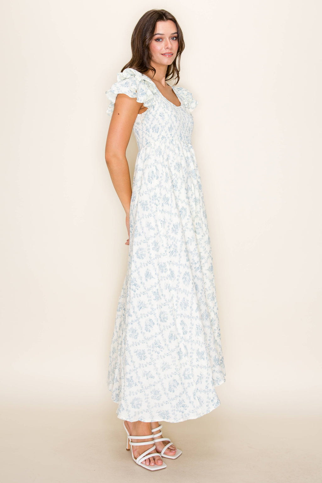 Porcelain Print Ruffle Maxi Midi Dress - BLUE