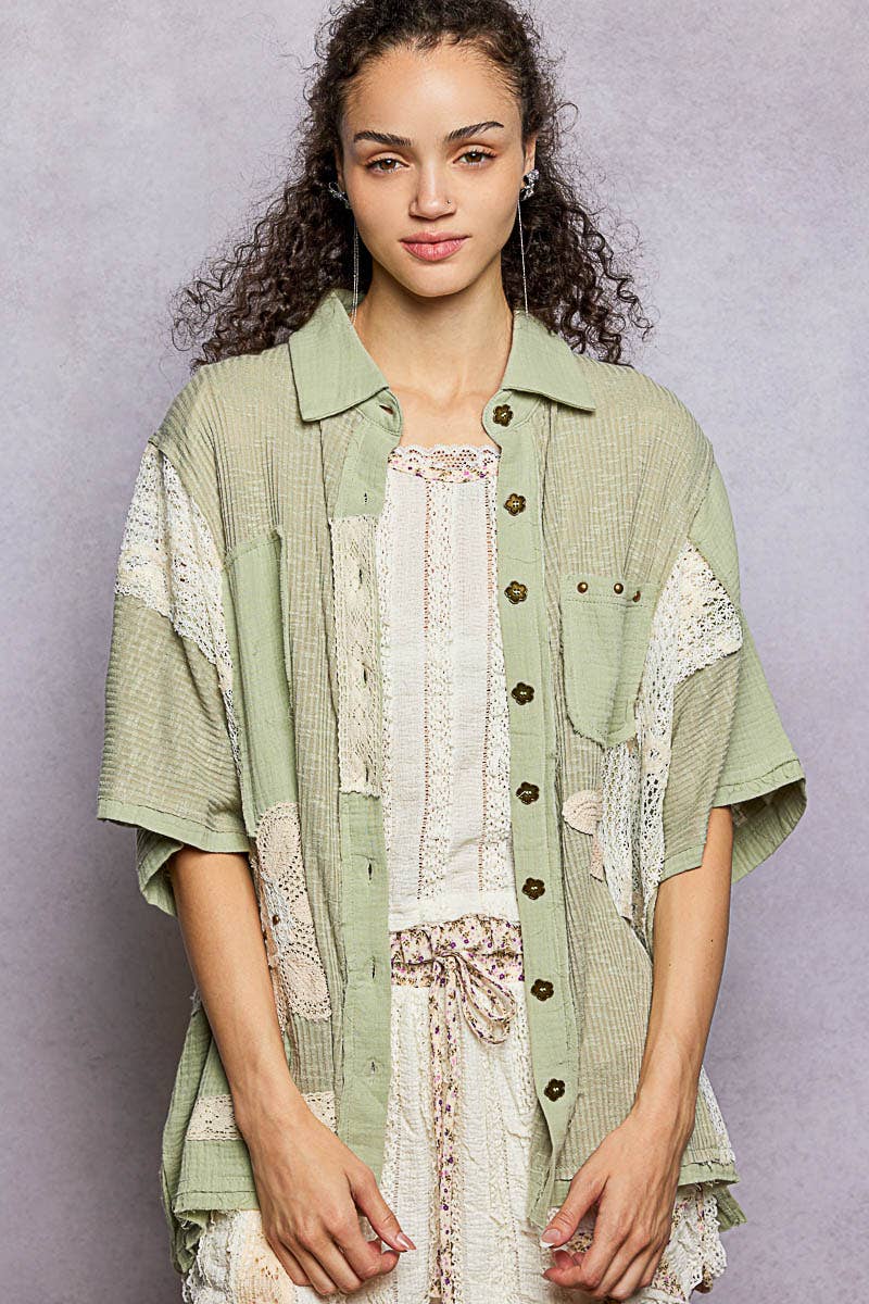 Collared Studded Button-down Short Sleeve Knit Shirt Top