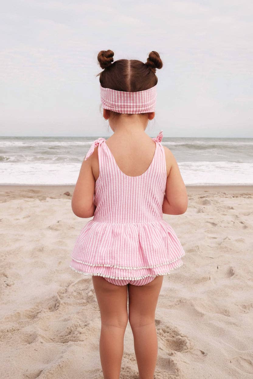Tiered Skirt Swim with White Pom Trim