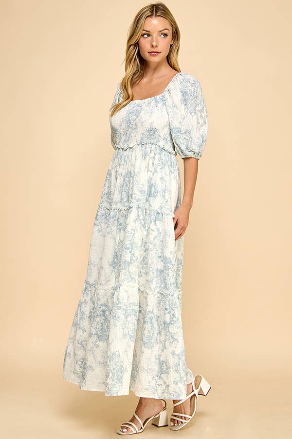 Hattie Puff Blue Vintage Print Tiered Maxi Dress