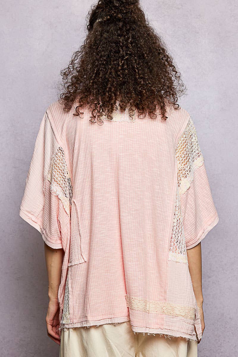 Collared Studded Button-down Short Sleeve Knit Shirt Top
