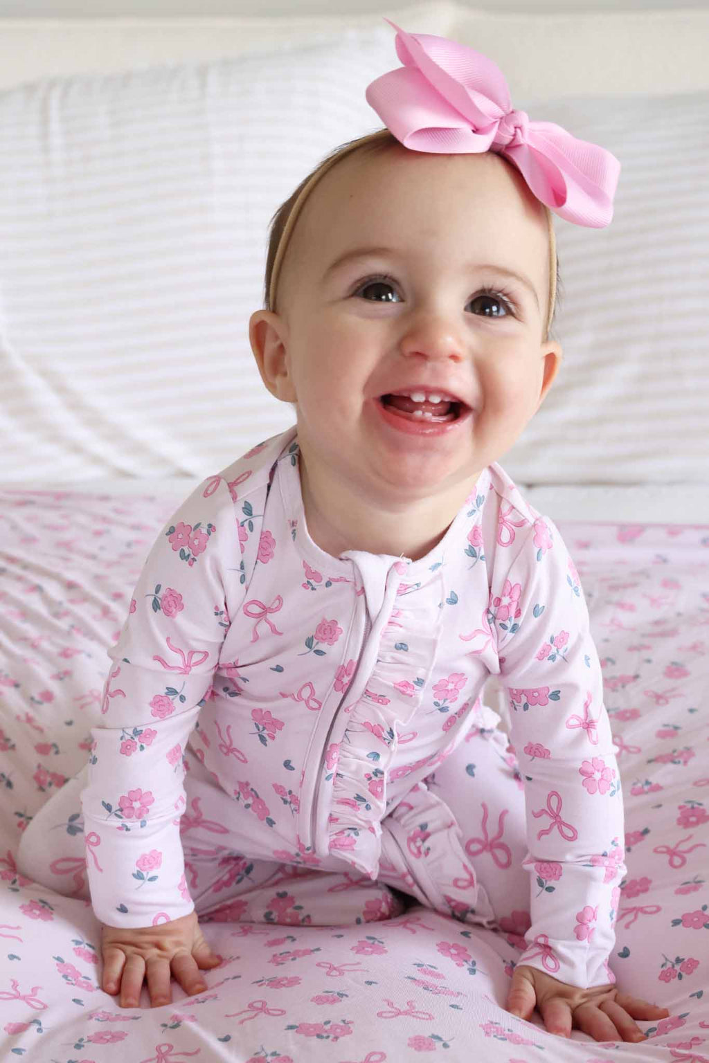 Ribbon & Roses Ruffle Zipper Footie | Pink