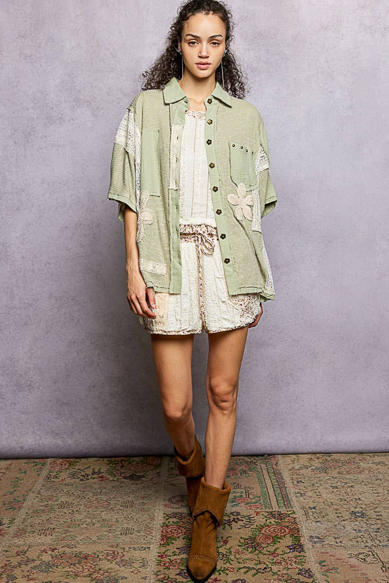 Collared Studded Button-down Short Sleeve Knit Shirt Top