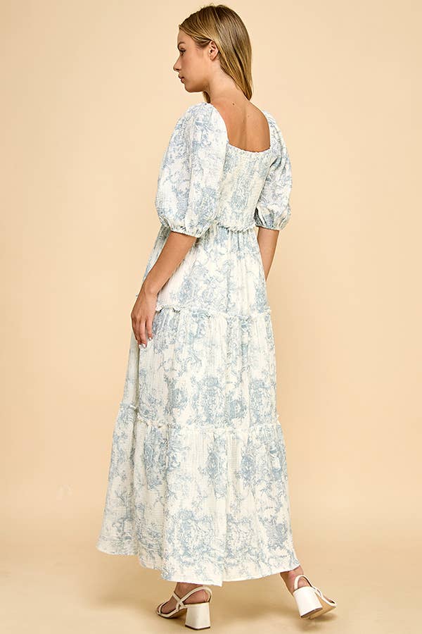 Hattie Puff Blue Vintage Print Tiered Maxi Dress