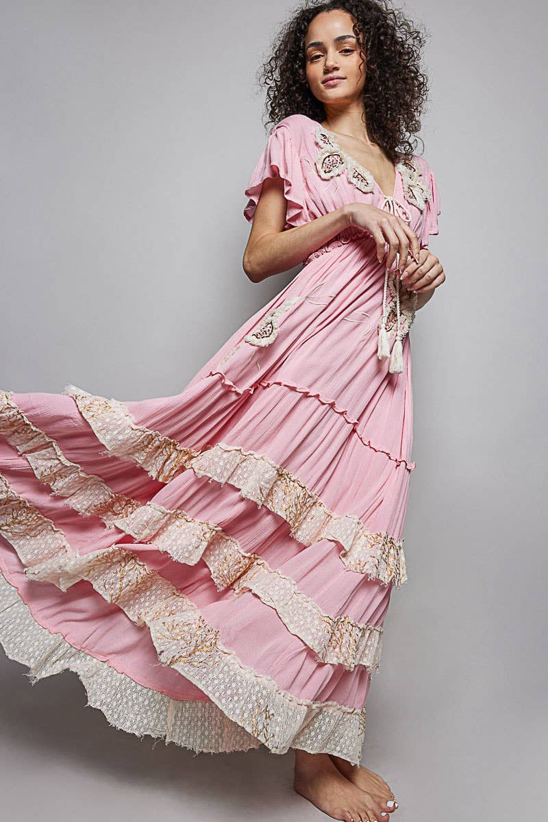 Ruffle Trim V-neck Embroidery Sequins Tassel Long Dress