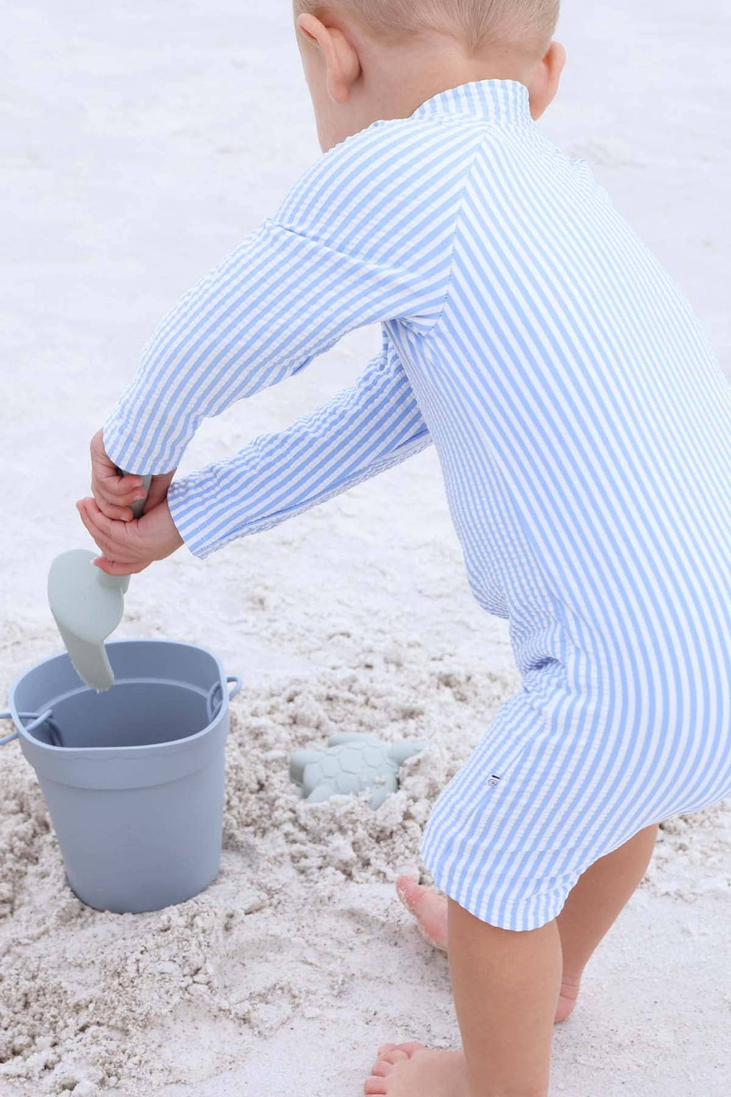 Long Sleeve Rash Guard Swim Romper Shortie | Seersucker Blue Wholesale
