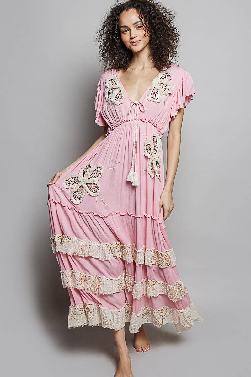 Ruffle Trim V-neck Embroidery Sequins Tassel Long Dress