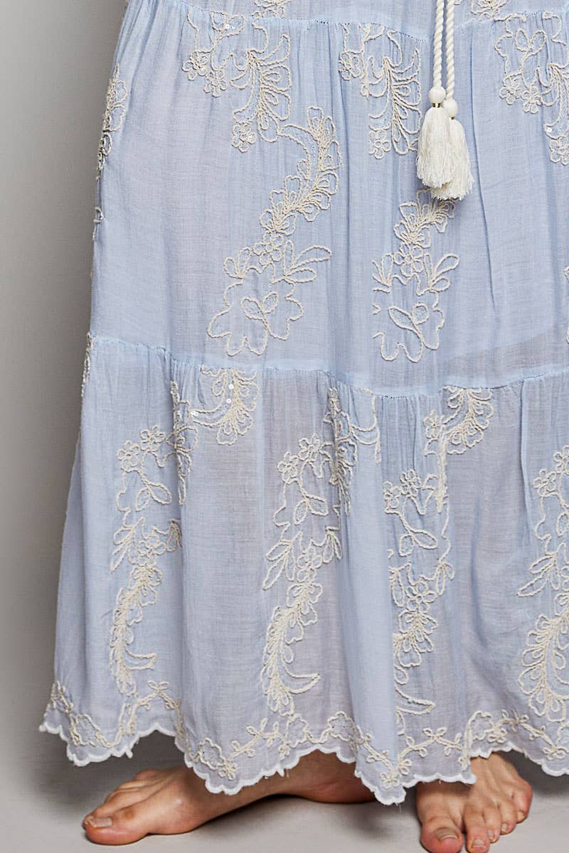 Embroidered Viscose Smocked Waistband Maxi Skirt