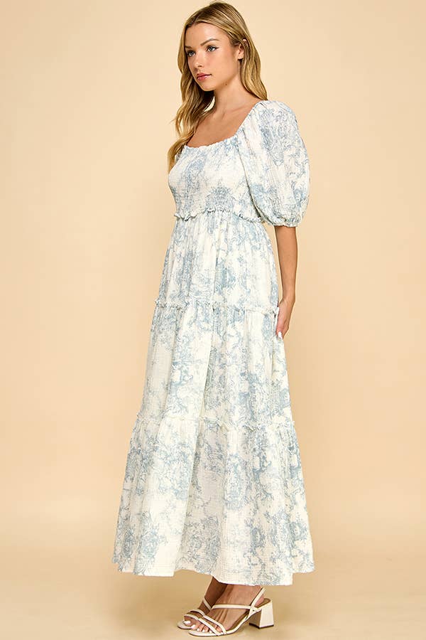 Hattie Puff Blue Vintage Print Tiered Maxi Dress