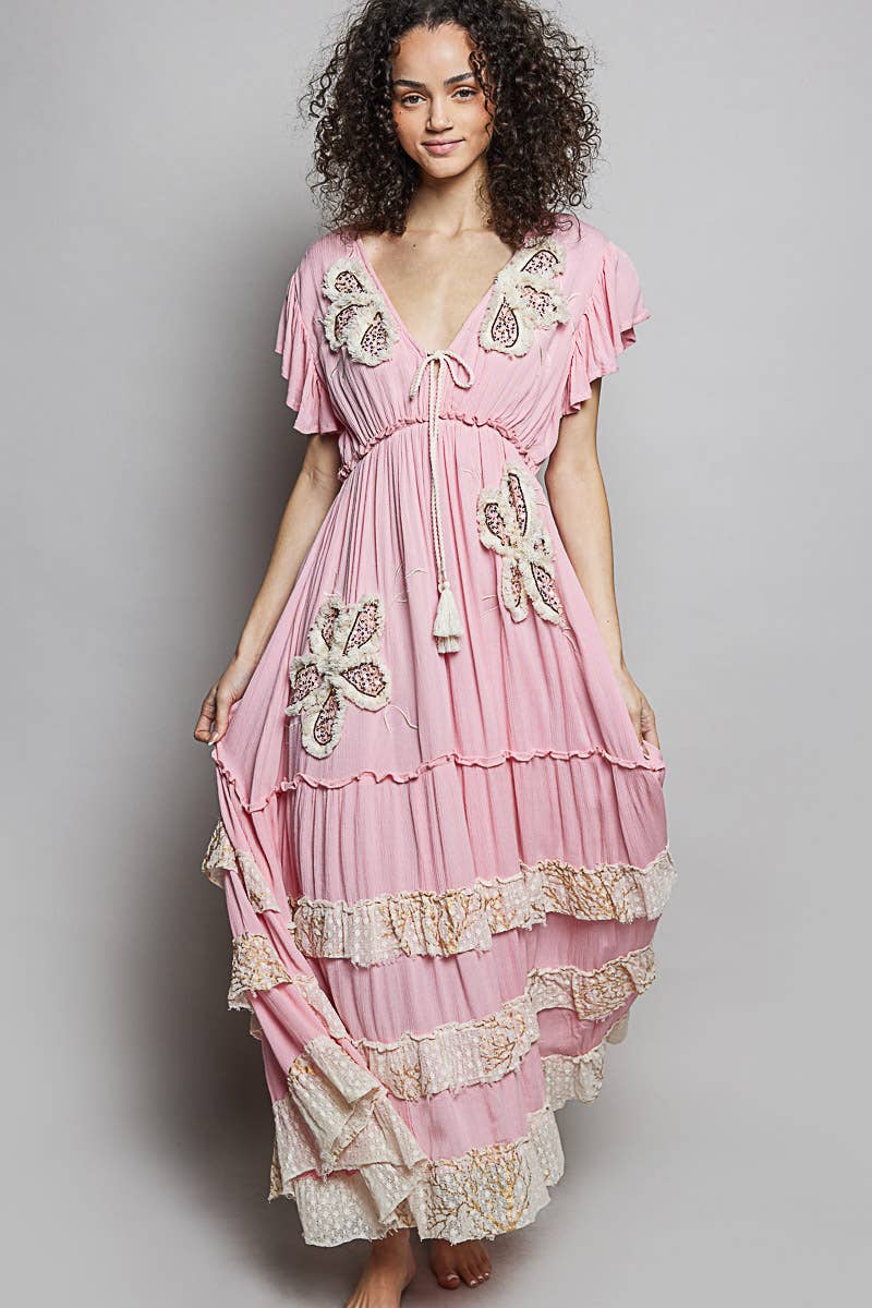 Ruffle Trim V-neck Embroidery Sequins Tassel Long Dress