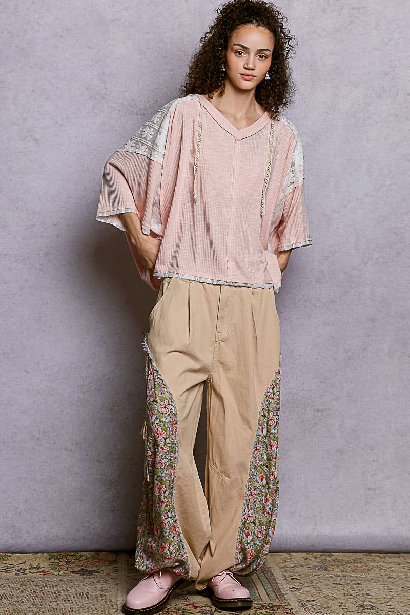Lace Patch V-Neck Relaxed Fit Basic Airy Hoodie Top