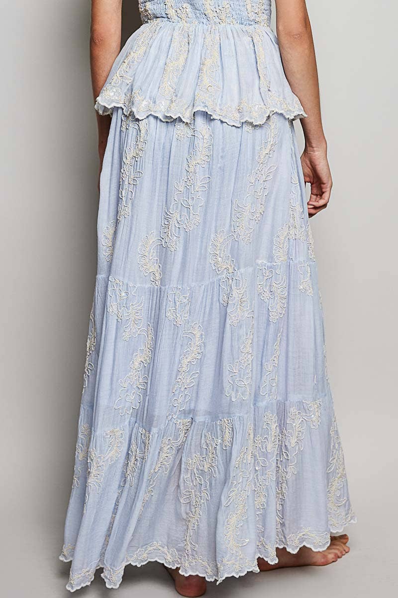 Embroidered Viscose Smocked Waistband Maxi Skirt