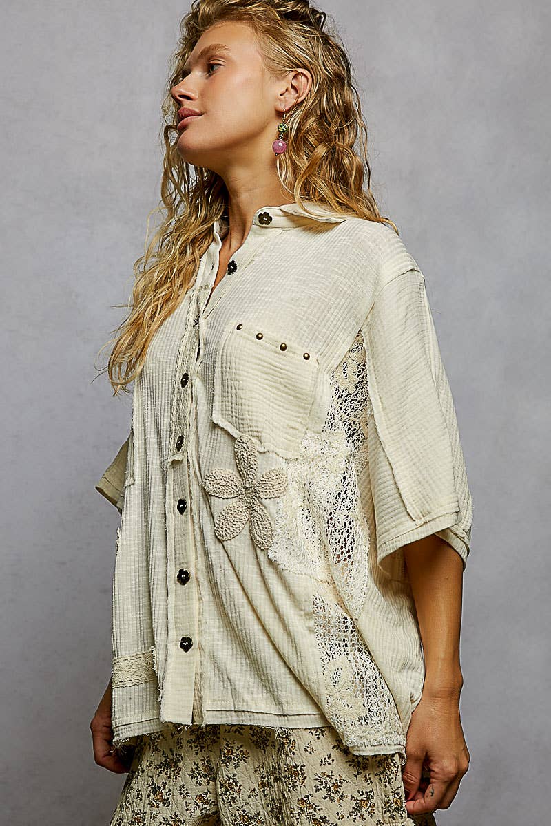 Collared Studded Button-down Short Sleeve Knit Shirt Top