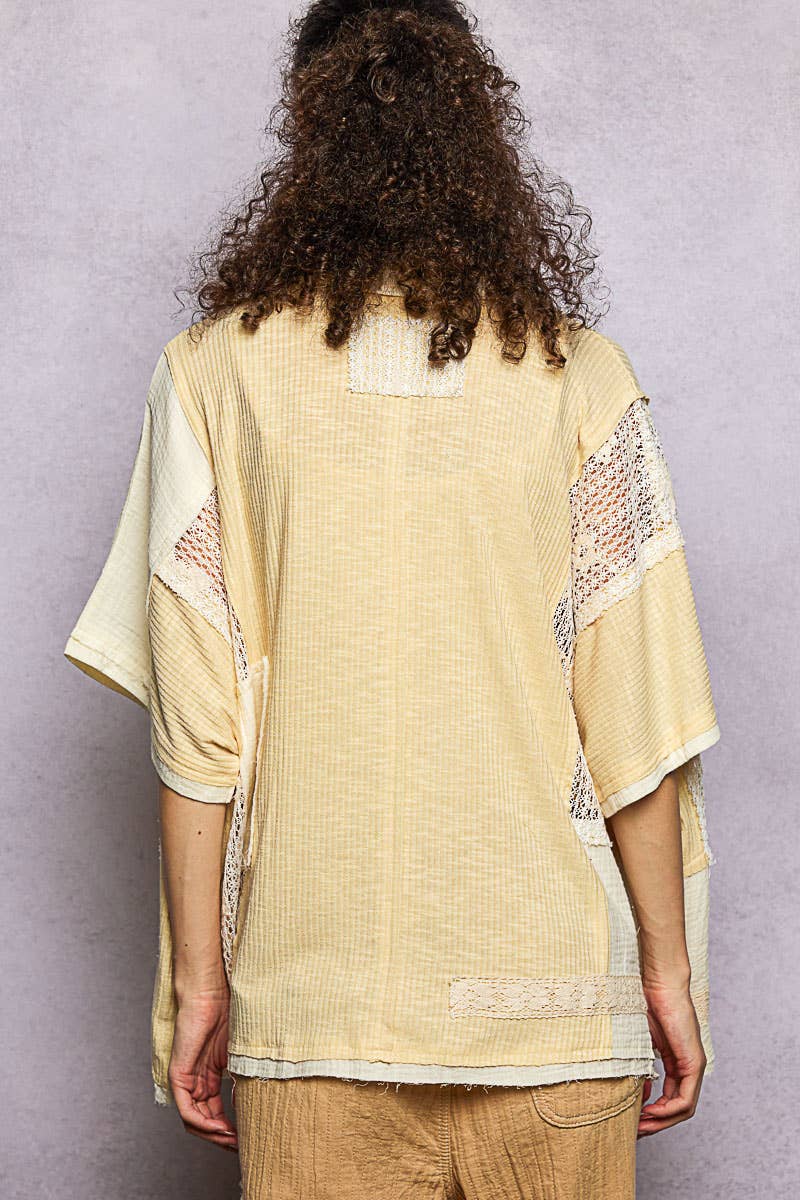 Collared Studded Button-down Short Sleeve Knit Shirt Top