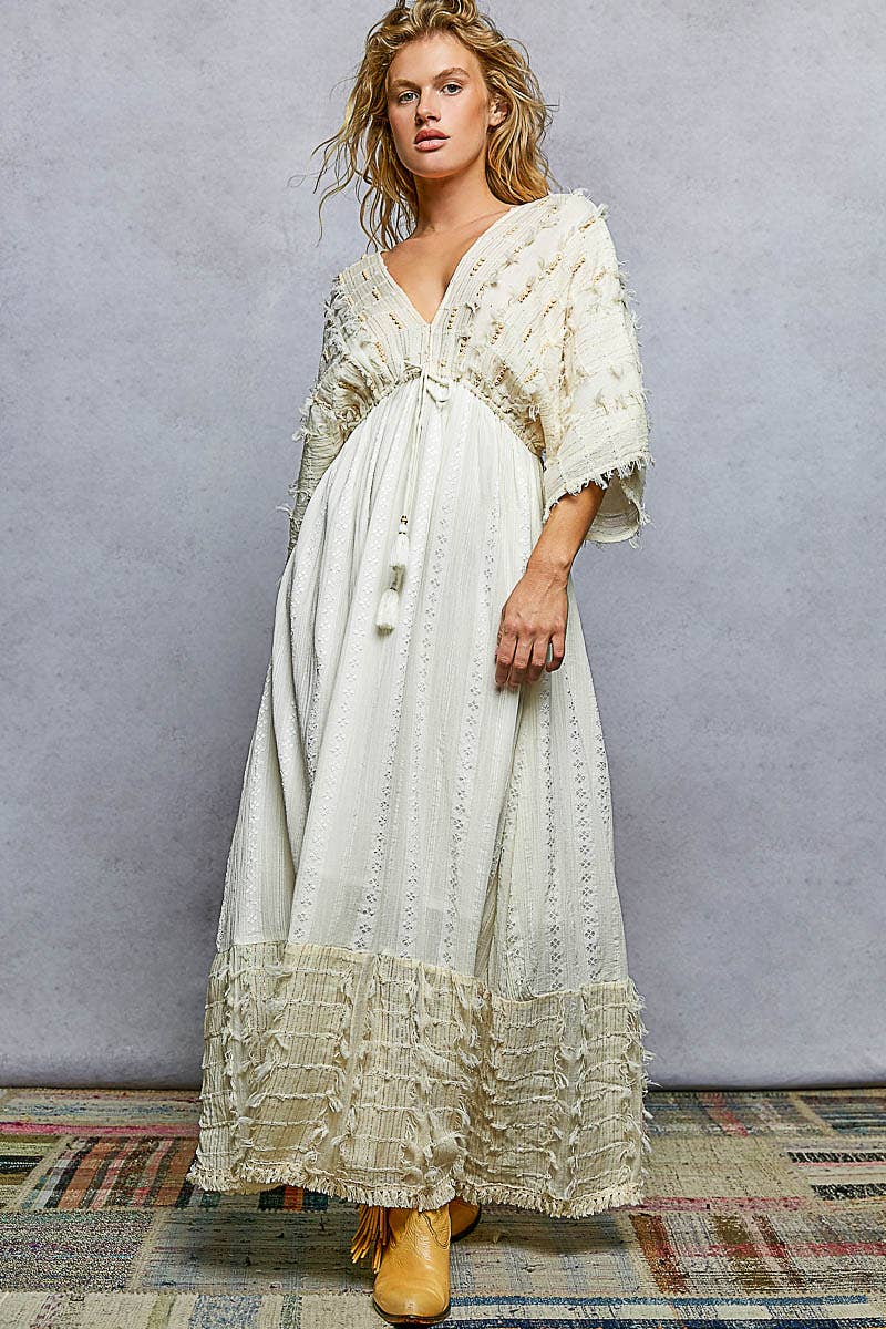 V-neck Metal Button Down Textured Linen Solid Maxi Dress