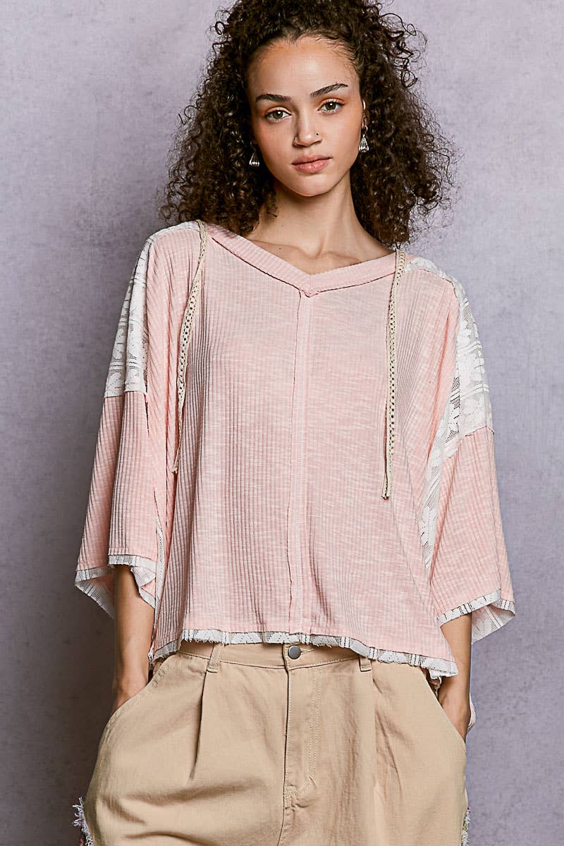 Lace Patch V-Neck Relaxed Fit Basic Airy Hoodie Top