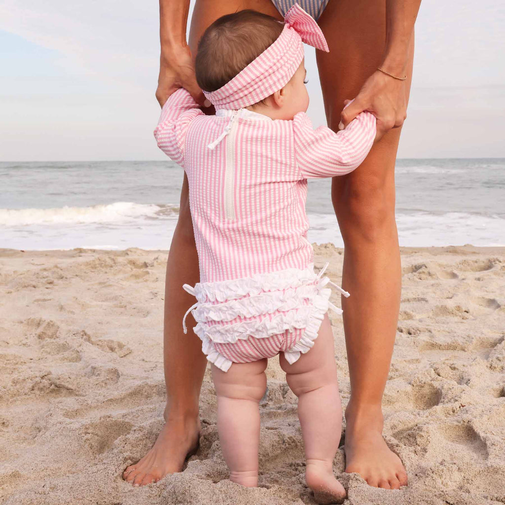 Long Sleeve Rash Guard With Ruffle Bottom | Seersucker Dusty Pink