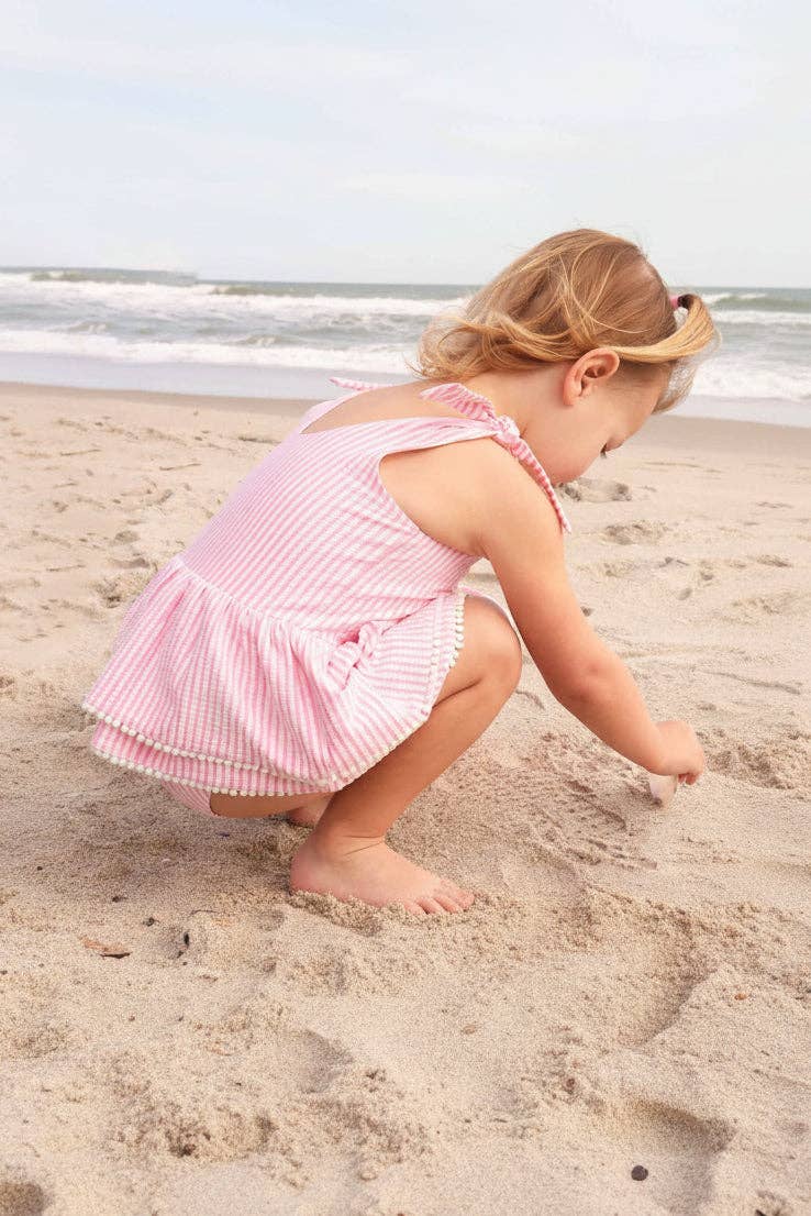 Tiered Skirt Swim with White Pom Trim