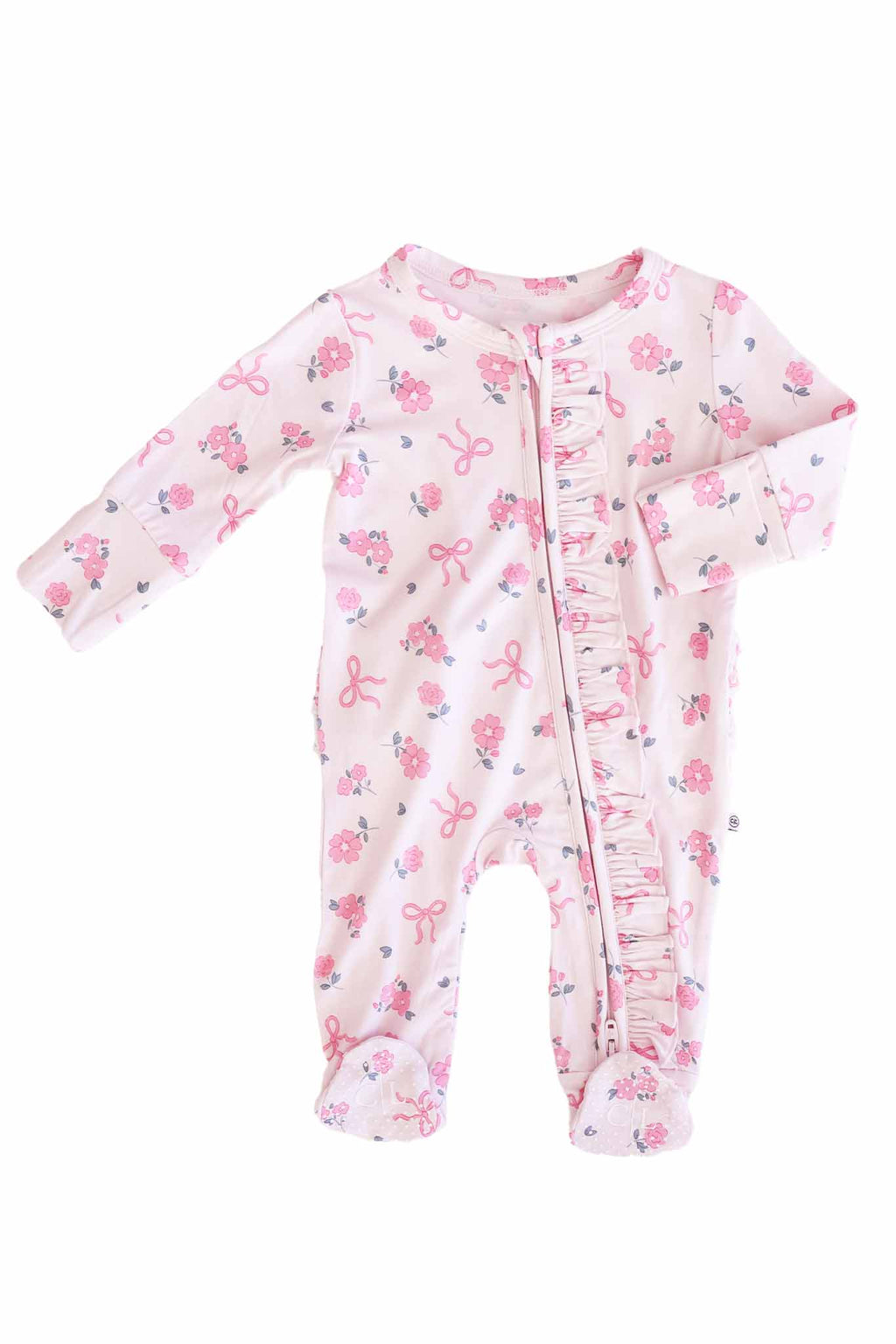 Ribbon & Roses Ruffle Zipper Footie | Pink