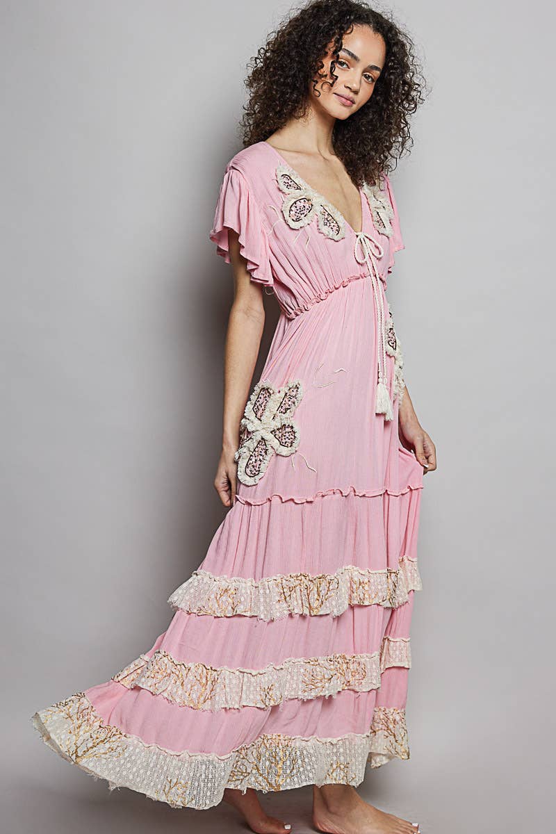 Ruffle Trim V-neck Embroidery Sequins Tassel Long Dress