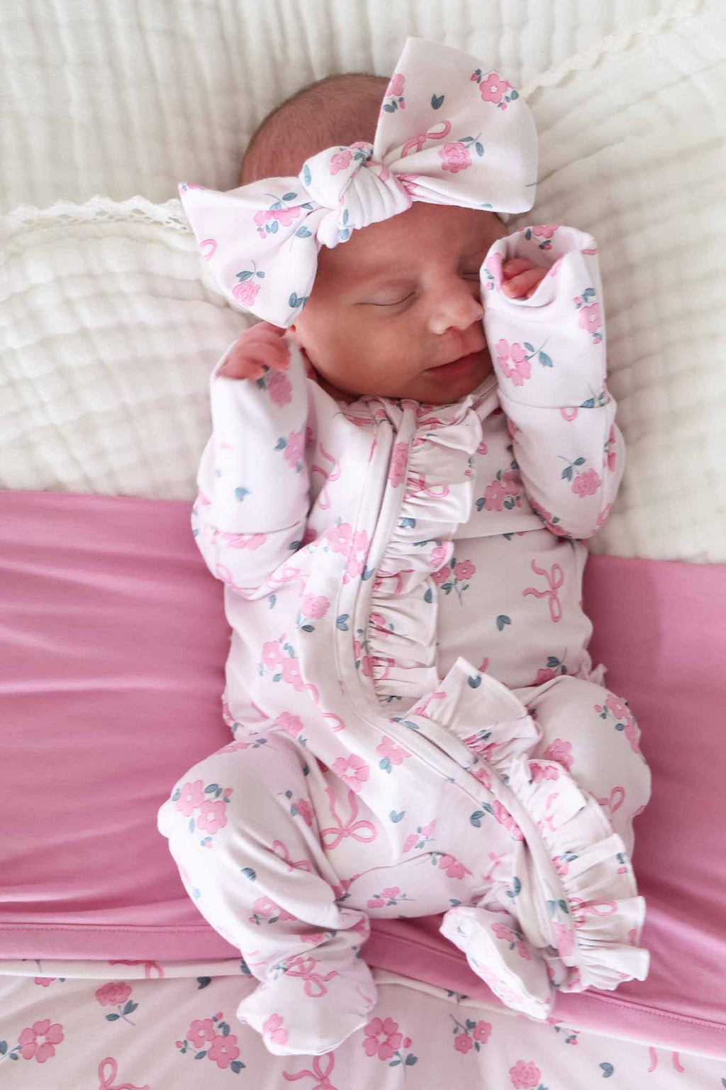 Ribbon & Roses Ruffle Zipper Footie | Pink
