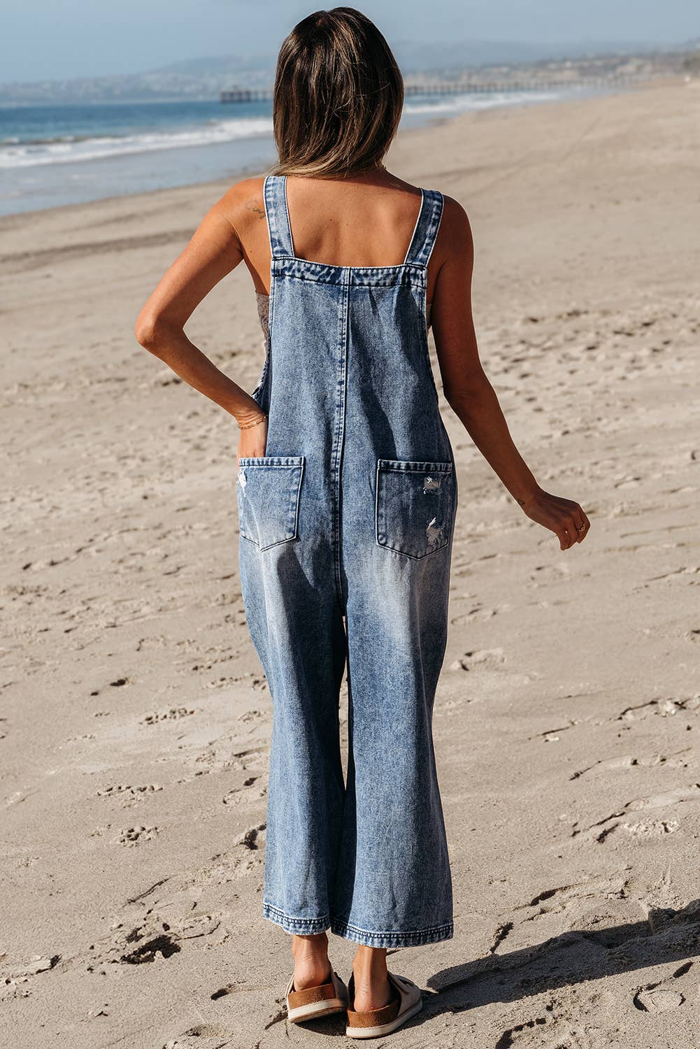 Distressed Wide Leg Denim Overall