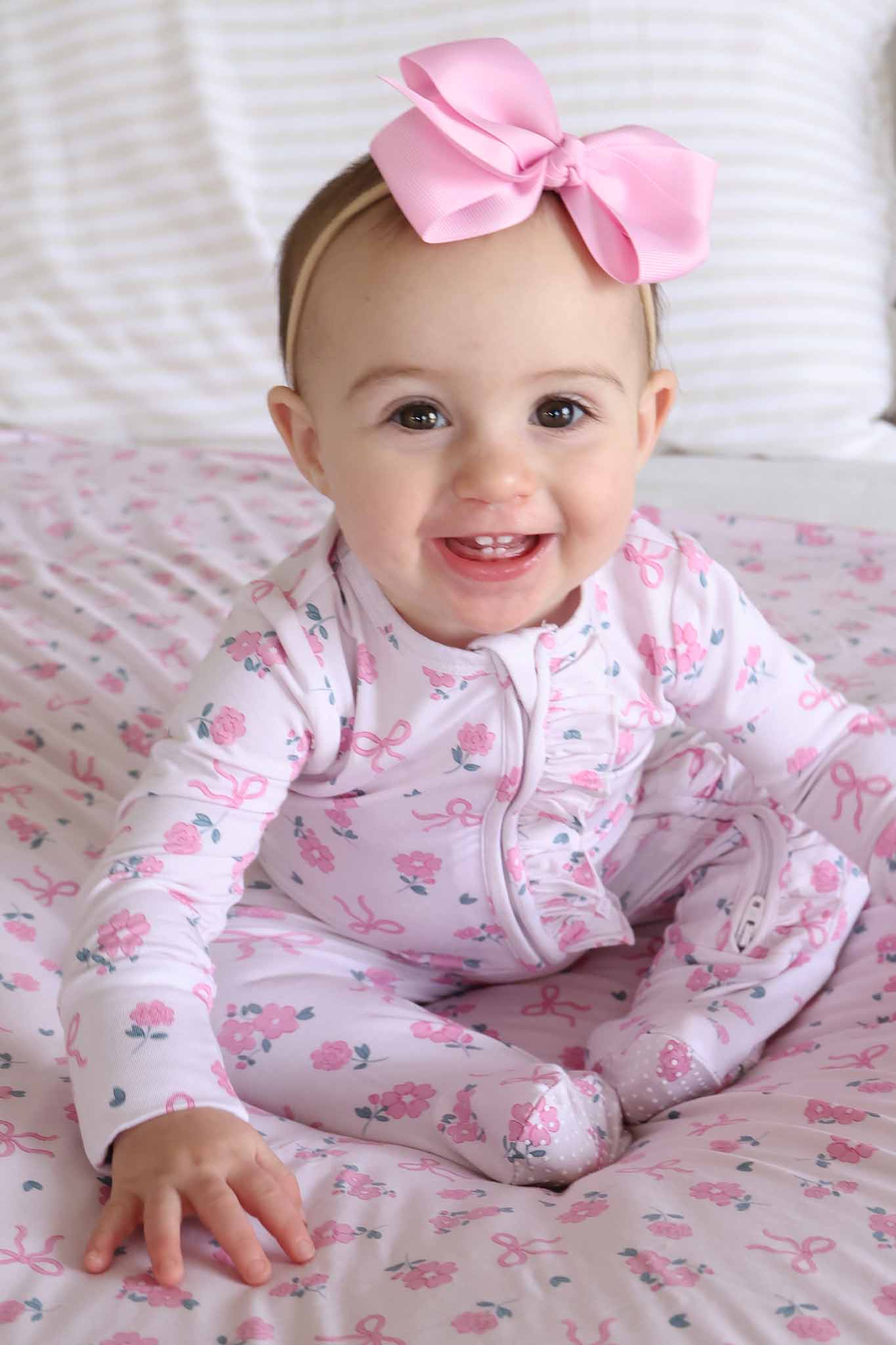 Ribbon & Roses Ruffle Zipper Footie | Pink