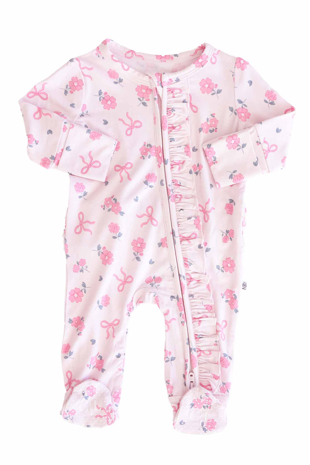 Ribbon & Roses Ruffle Zipper Footie | Pink