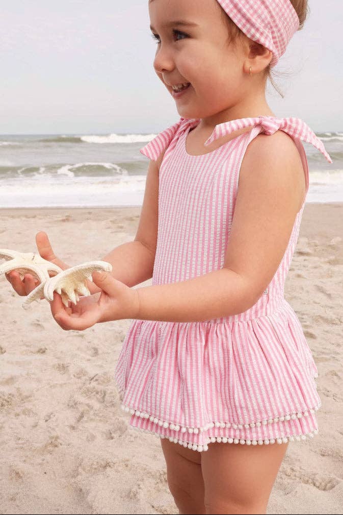 Tiered Skirt Swim with White Pom Trim