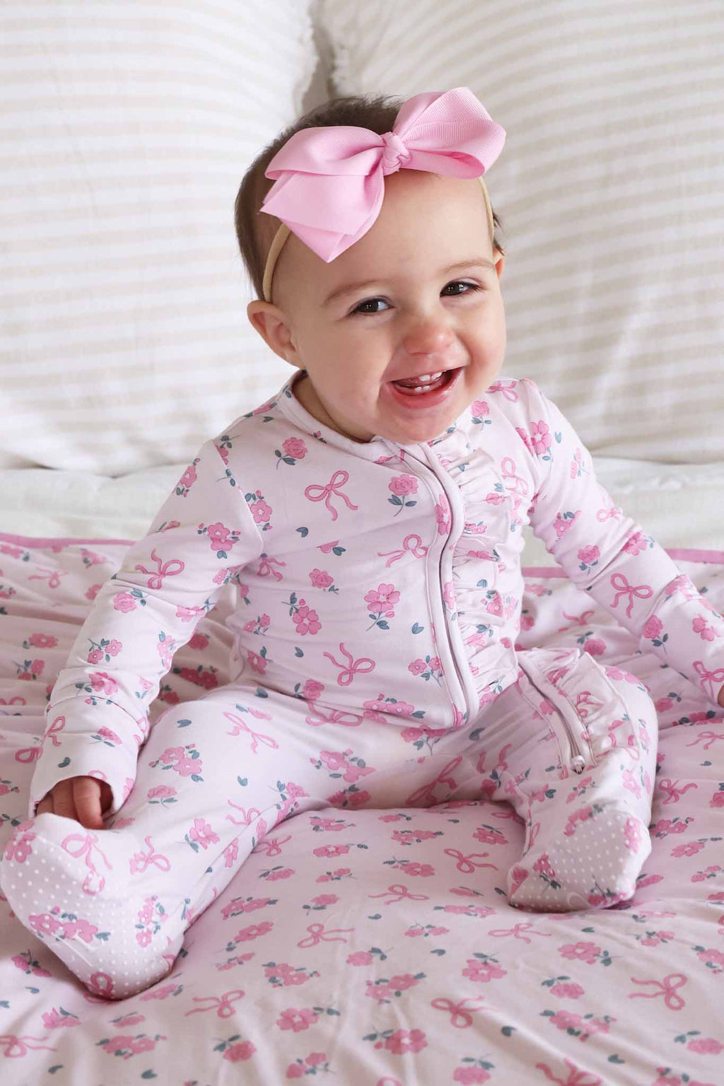 Ribbon & Roses Ruffle Zipper Footie | Pink