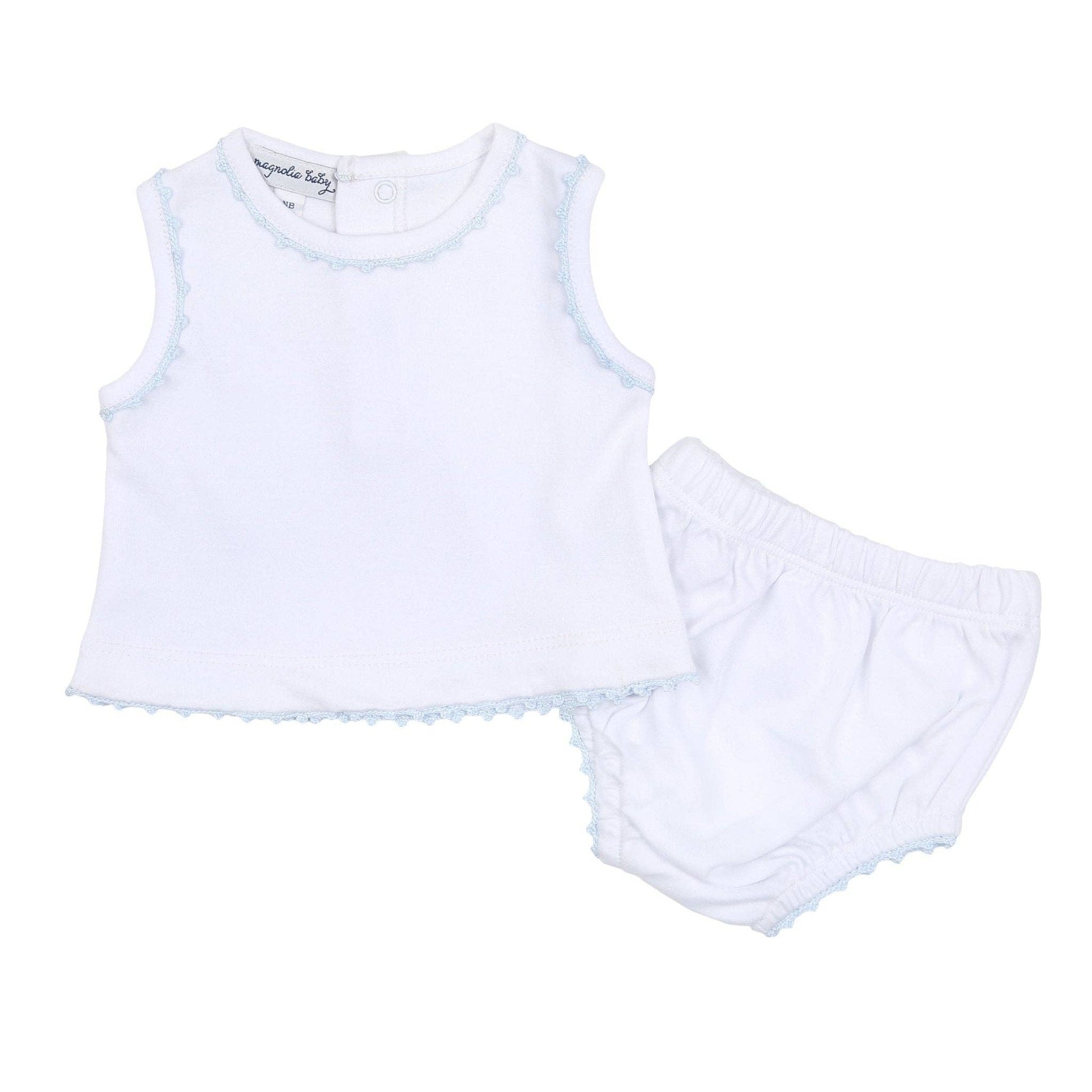 Baby Joy Sleeveless Diaper Cover Set with Light Blue Crochet Trim