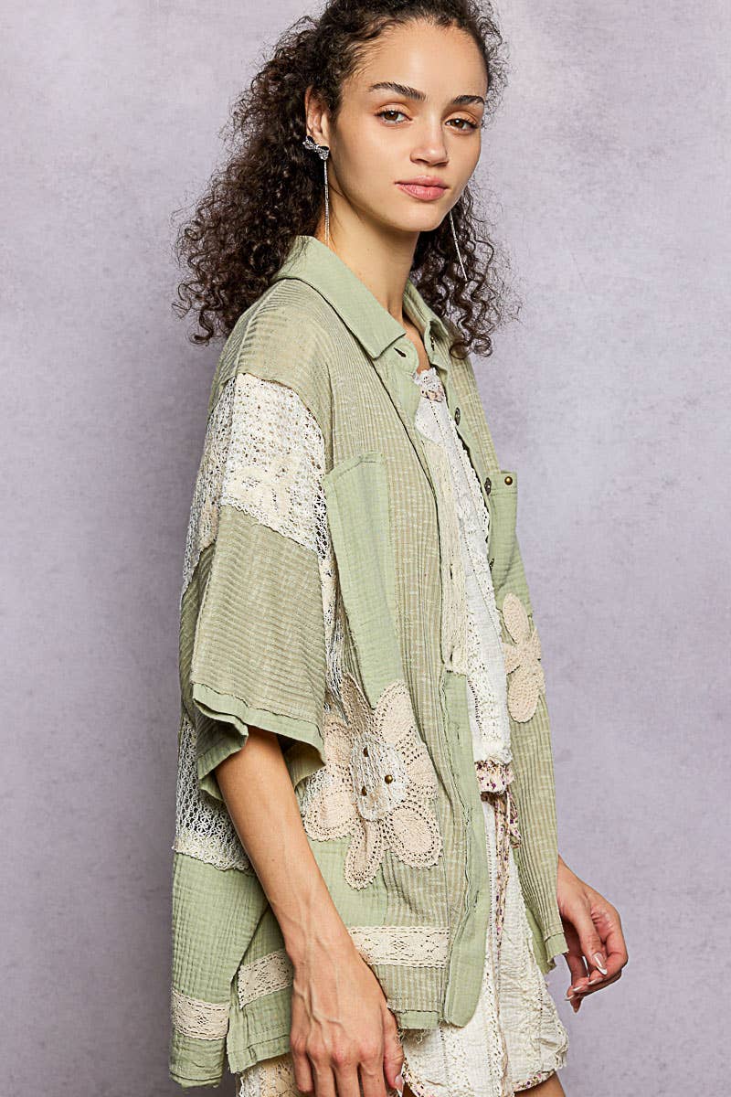 Collared Studded Button-down Short Sleeve Knit Shirt Top