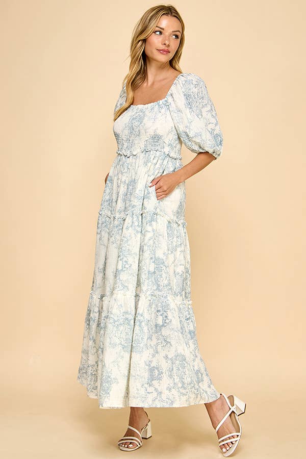 Hattie Puff Blue Vintage Print Tiered Maxi Dress