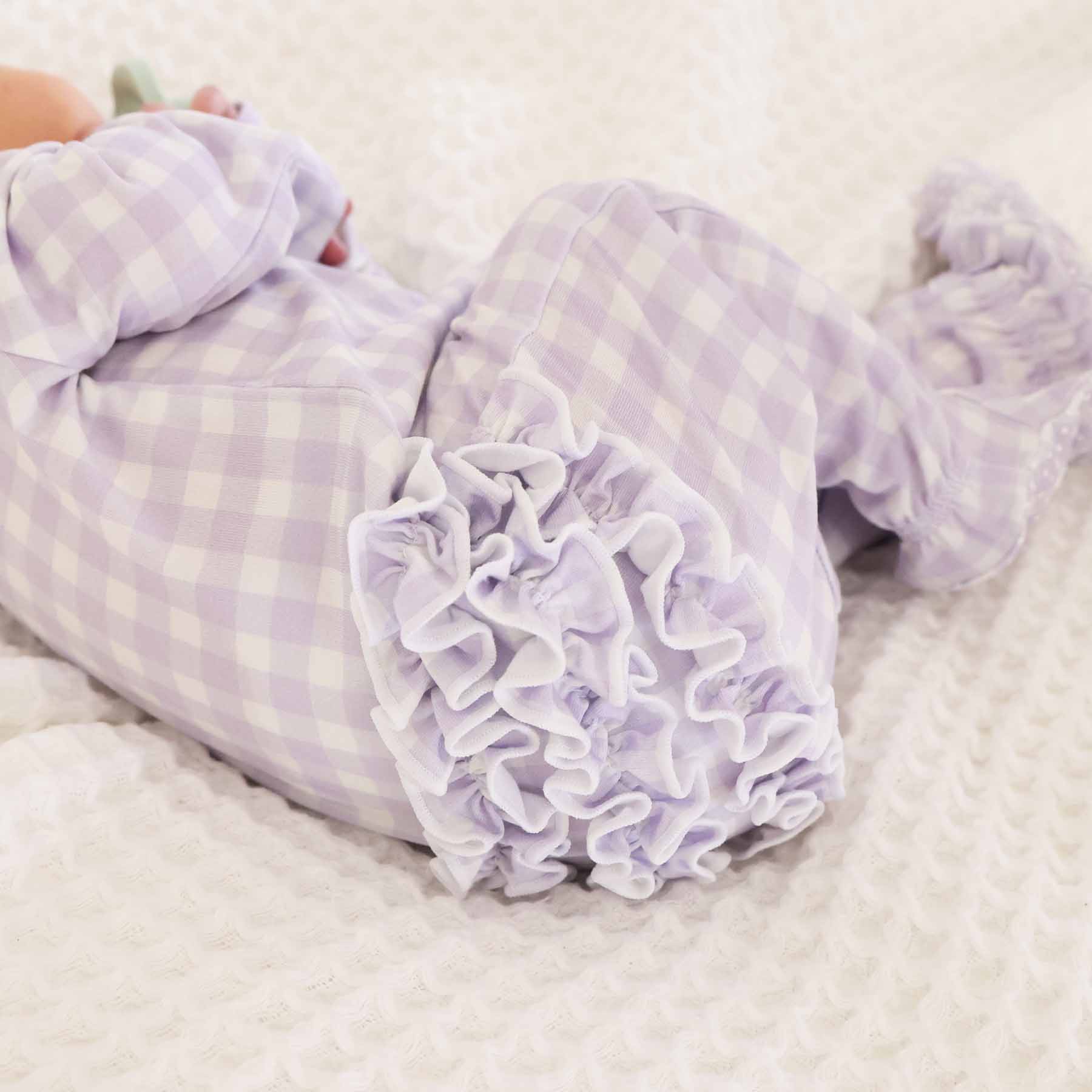 Peter Pan Collar Ruffle Zipper Footie | Lilac Gingham