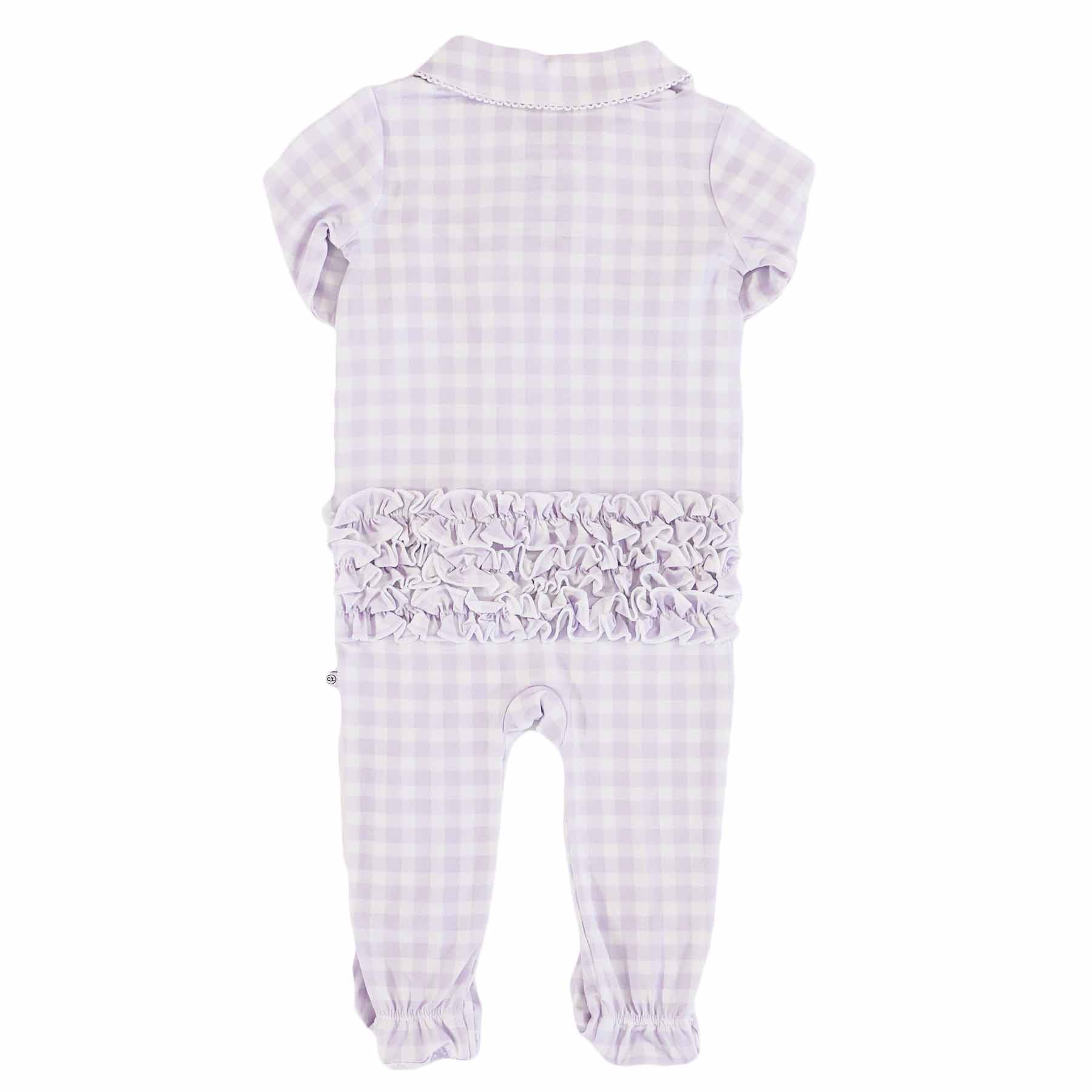 Peter Pan Collar Ruffle Zipper Footie | Lilac Gingham