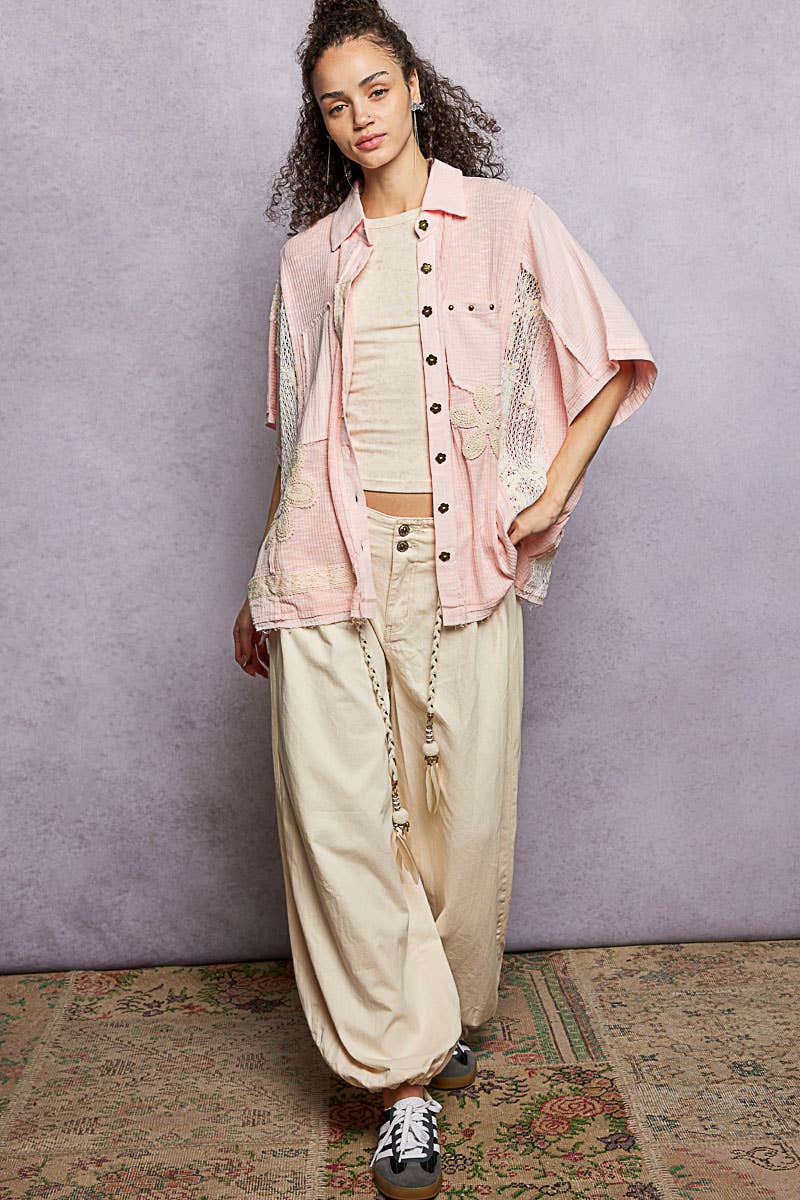 Collared Studded Button-down Short Sleeve Knit Shirt Top