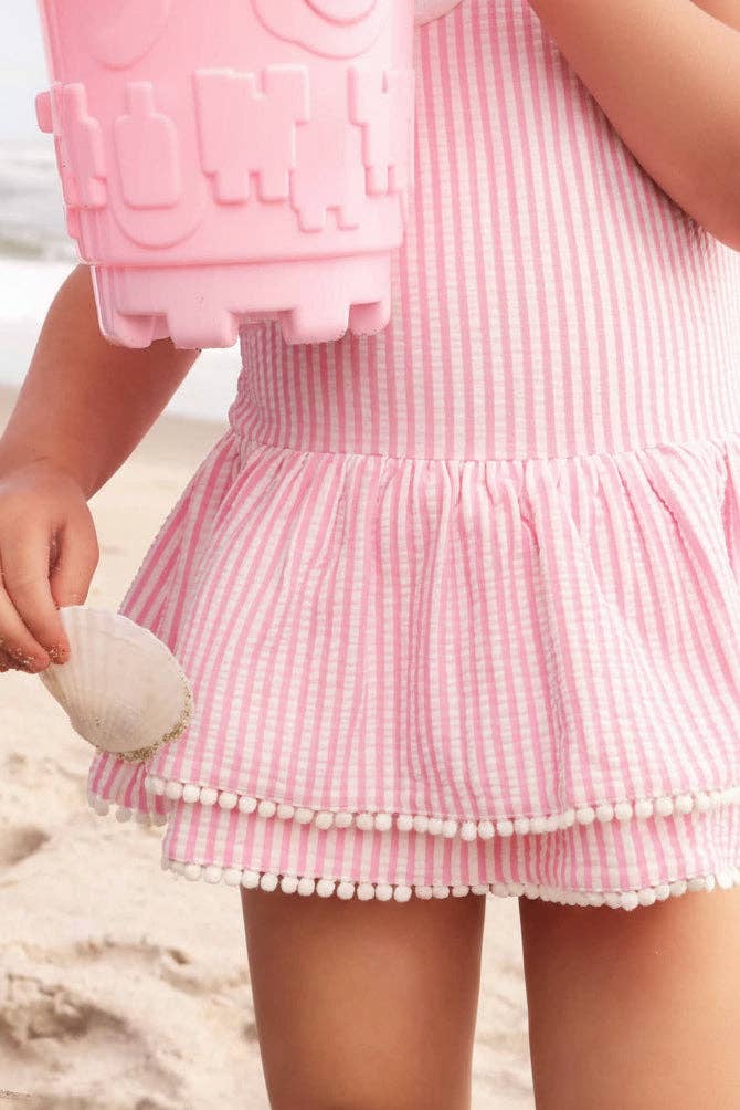 Tiered Skirt Swim with White Pom Trim