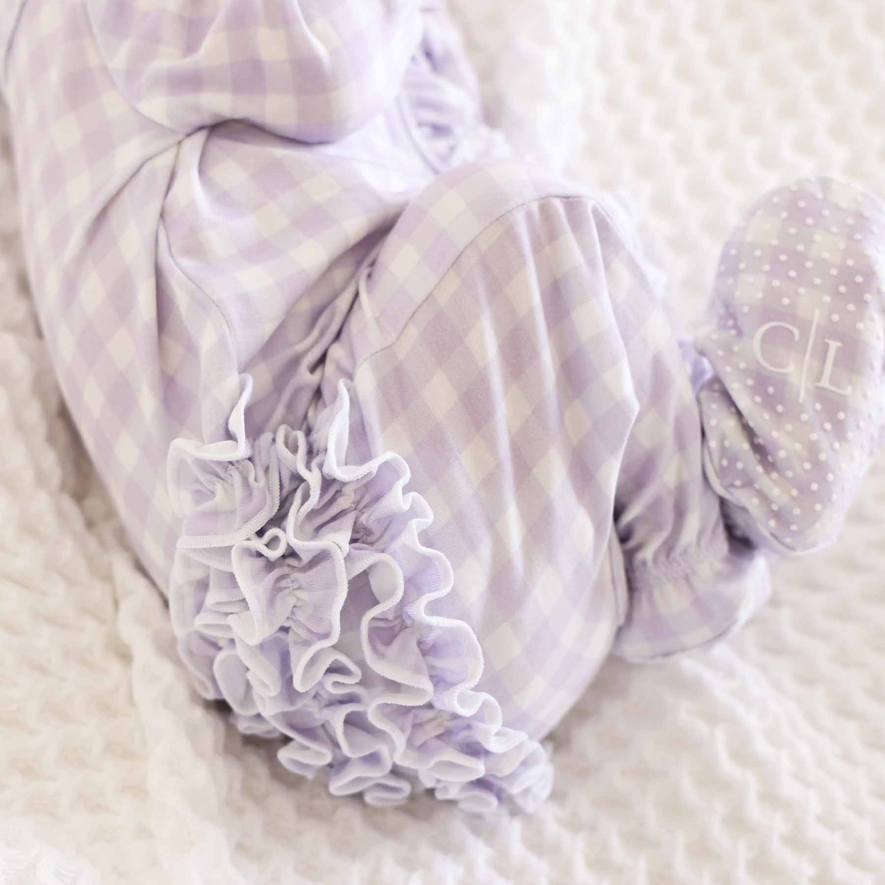 Peter Pan Collar Ruffle Zipper Footie | Lilac Gingham